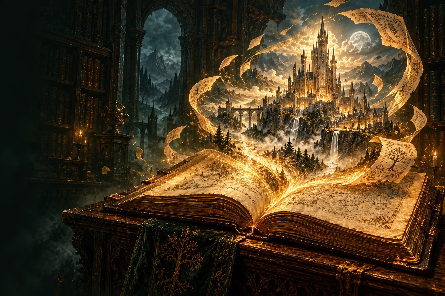 Un antico libro si apre su una città luminosa: torri dorate e frammenti di pergamena danno forma alla memoria di Therial.