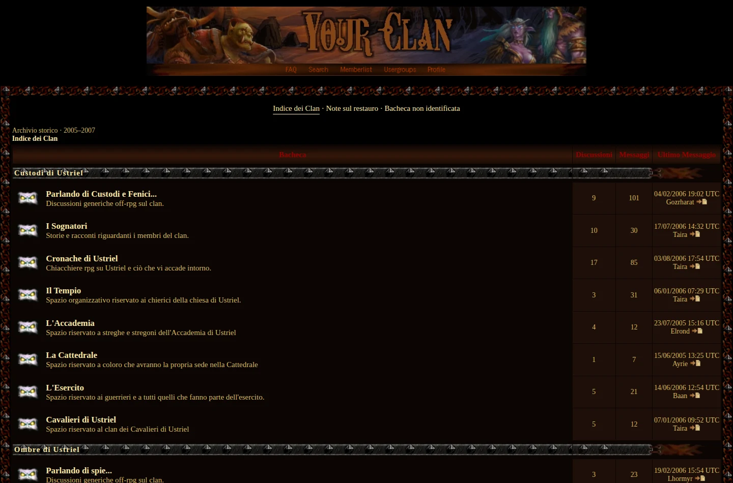 Il forum dei Clan restaurato, con il suo tema scuro e dorato e le bacheche delle comunità di Therial.
