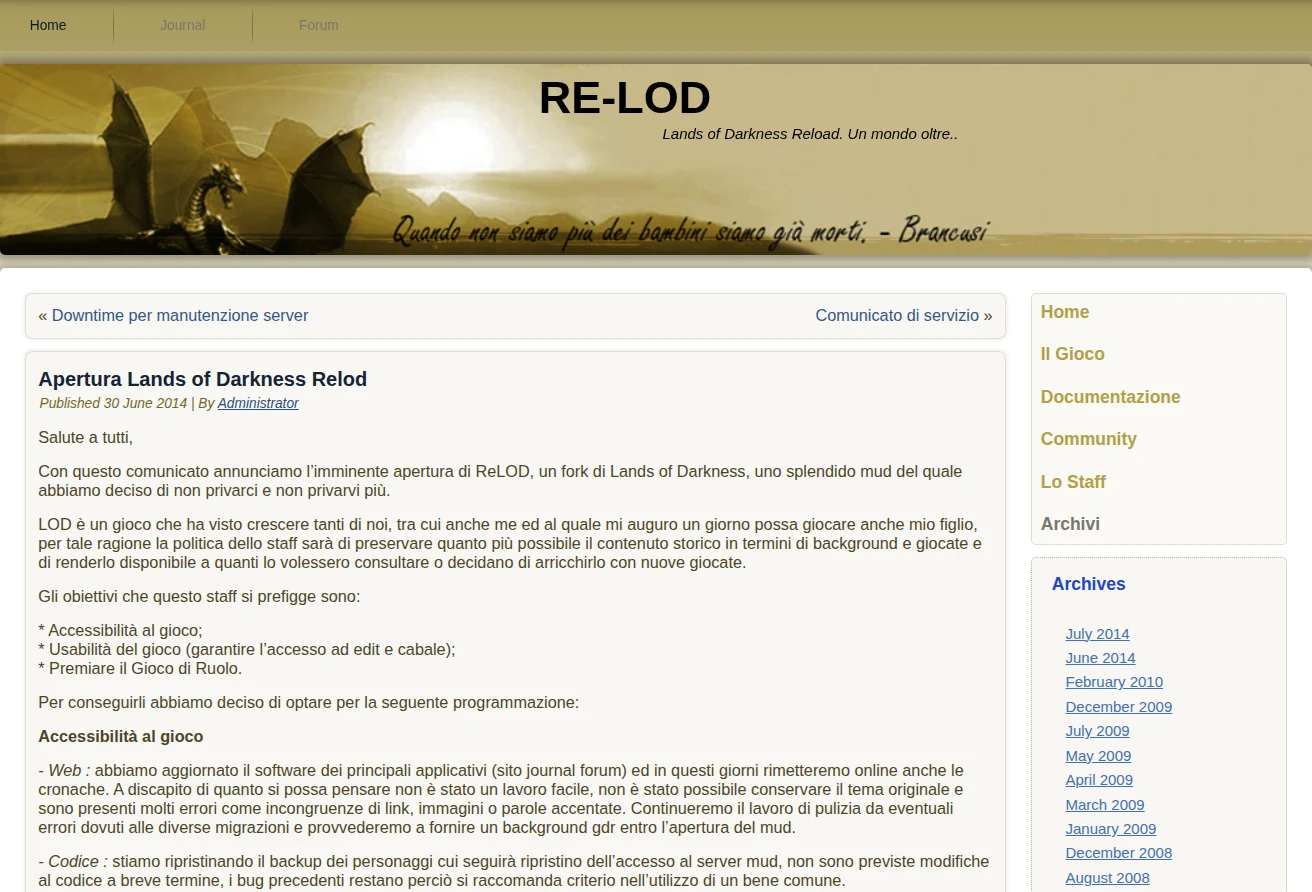 RE-LoD restaurato: il drago dorato, la notizia della riapertura e il menu del sito.