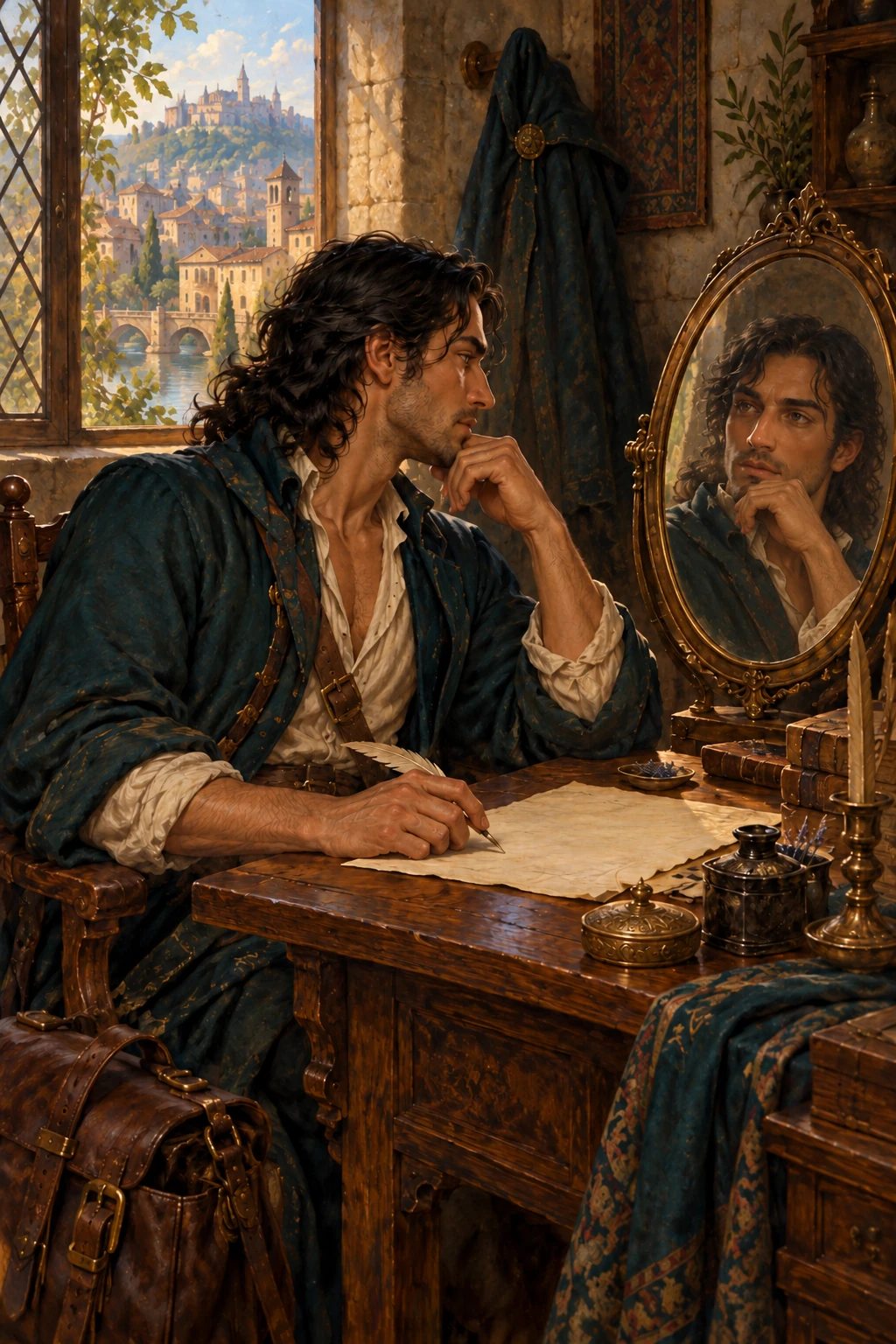Un viaggiatore prepara il proprio cammino accanto a uno specchio e a un tavolo di scrittura.