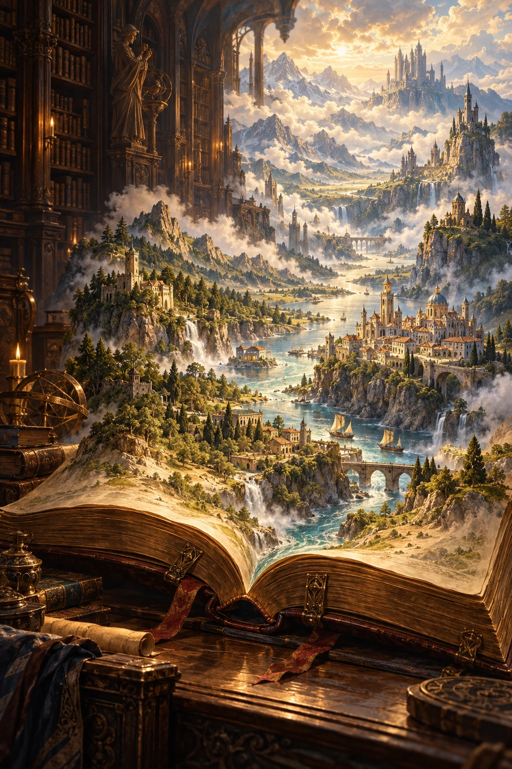 Un mondo di strade, torri e montagne emerge dalle pagine di un antico libro.