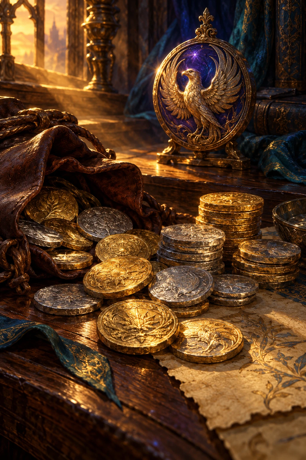 Monete d’oro e d’argento e un emblema fantastico del falco su un banco del tesoro.