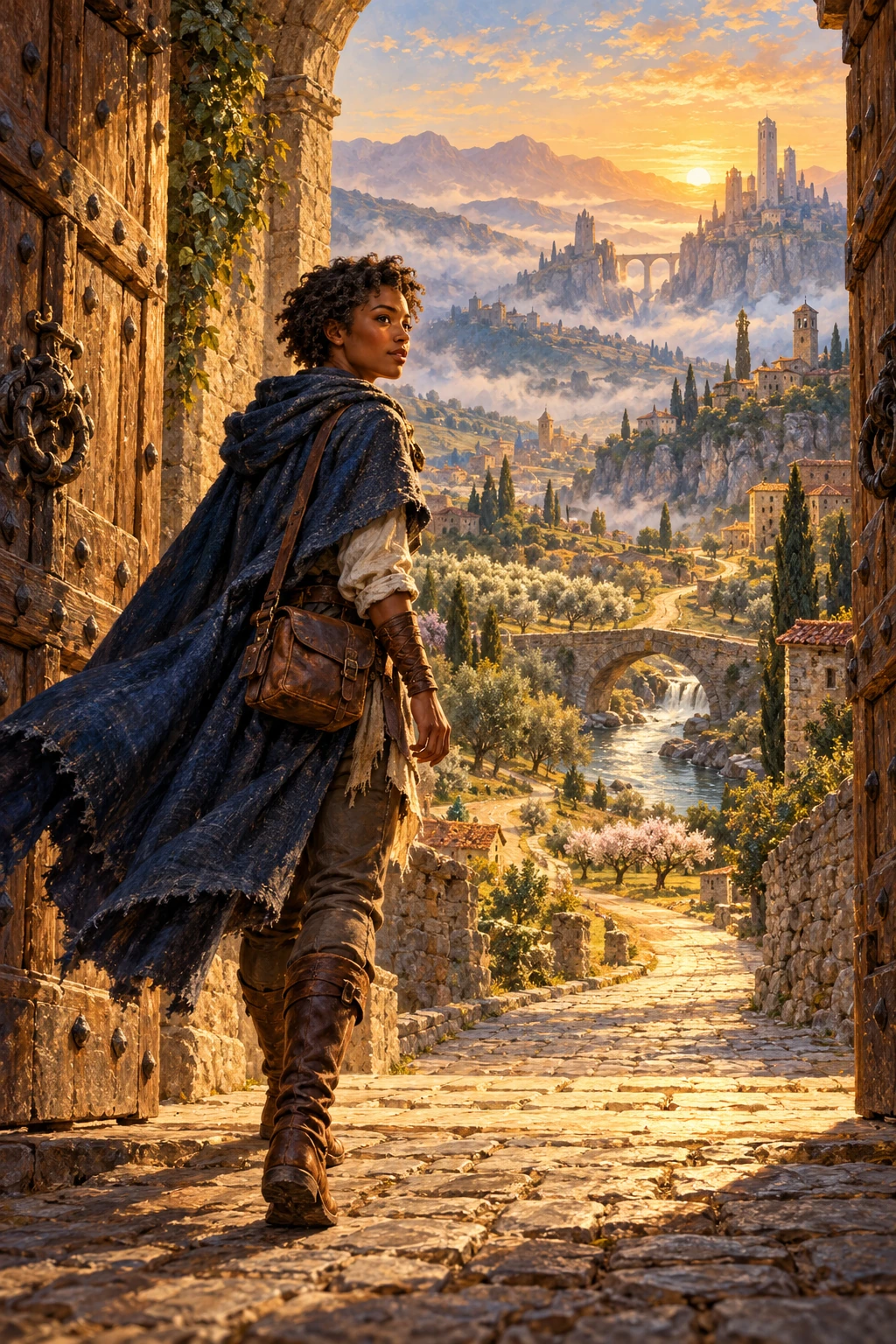 Una viandante attraversa una grande porta verso la luce dell’alba.