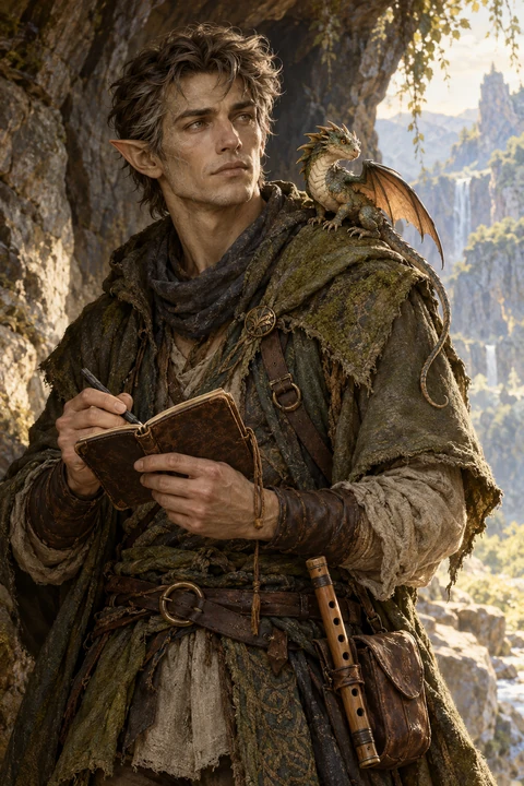 Adryan, esploratore rockseer, con diario, flauto e un piccolo harrekki.