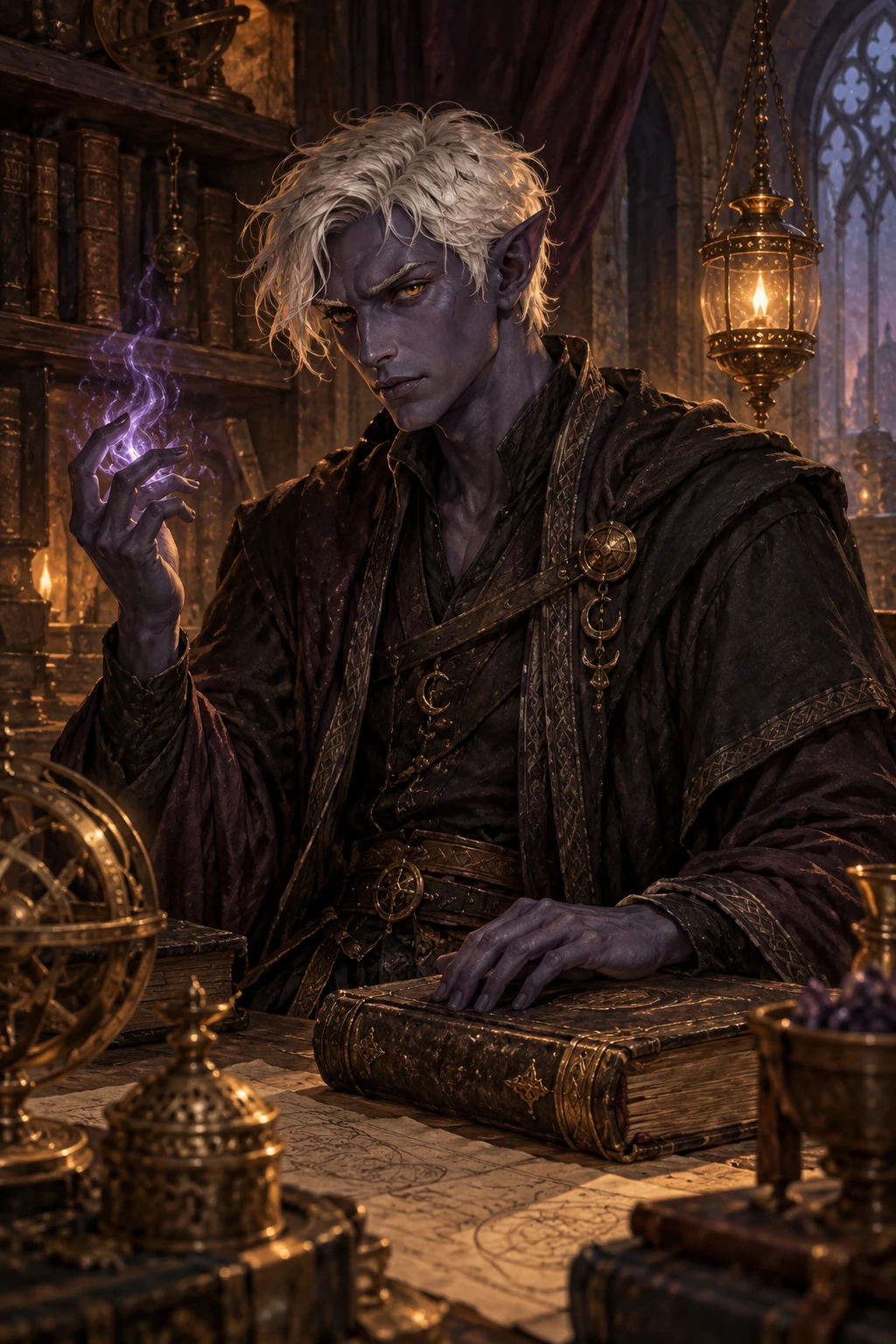 Ethelot, giovane necromante drow, studia alla luce fredda delle proprie arti.