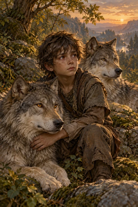 Haon, ragazzino di circa undici anni, accanto a due lupi grigi.