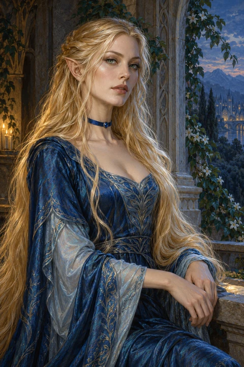 Interpretazione contemporanea di Jamirithiana: elfa dagli occhi smeraldo, lunghi capelli sciolti fra il biondo grano e il platino, abito di seta blu e girocollo di cobalto.