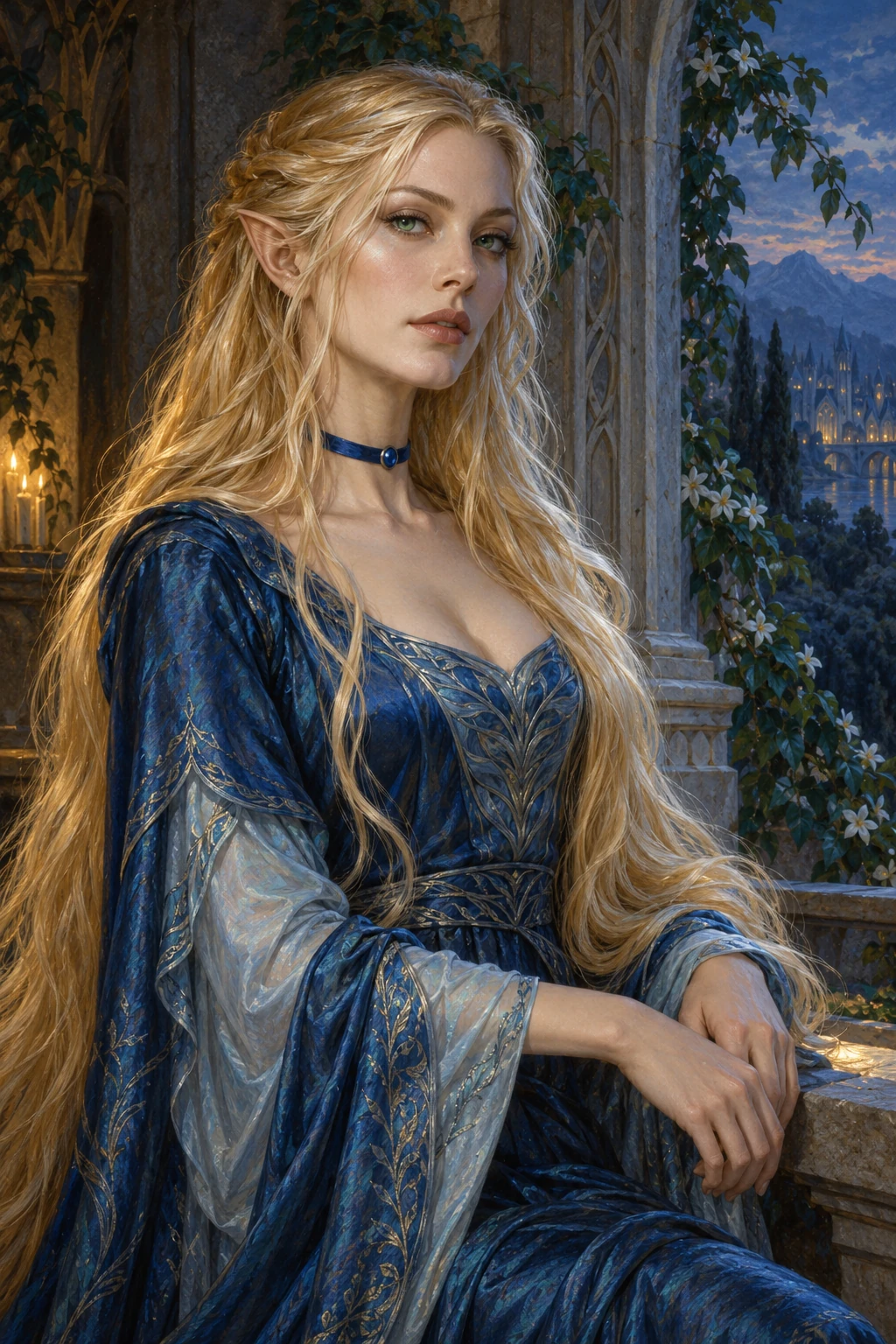Interpretazione contemporanea di Jamirithiana: elfa dagli occhi smeraldo, lunghi capelli sciolti fra il biondo grano e il platino, abito di seta blu e girocollo di cobalto.