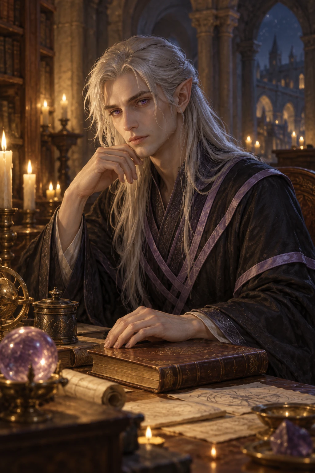 Julyen Laewellyn, elfo dai capelli argento e occhi viola, nello studio di Ofcol.