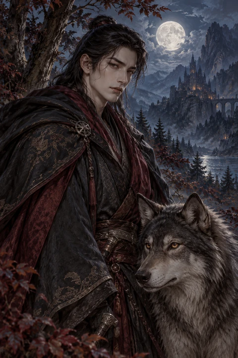 Keliash Ryu, vampiro delle terre orientali, insieme al lupo Rakel.