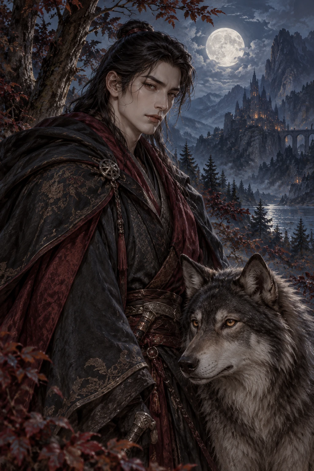 Keliash Ryu, vampiro delle terre orientali, insieme al lupo Rakel.