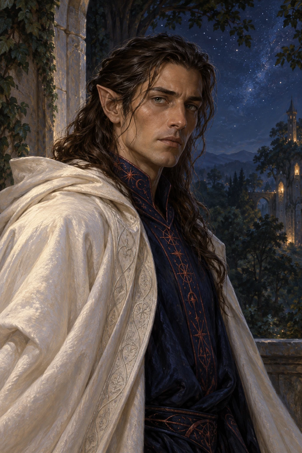 Interpretazione contemporanea di Loec Elenion, con mantello bianco e veste blu scuro intarsiata di rune; il volto e i colori dei capelli sono scelte artistiche.