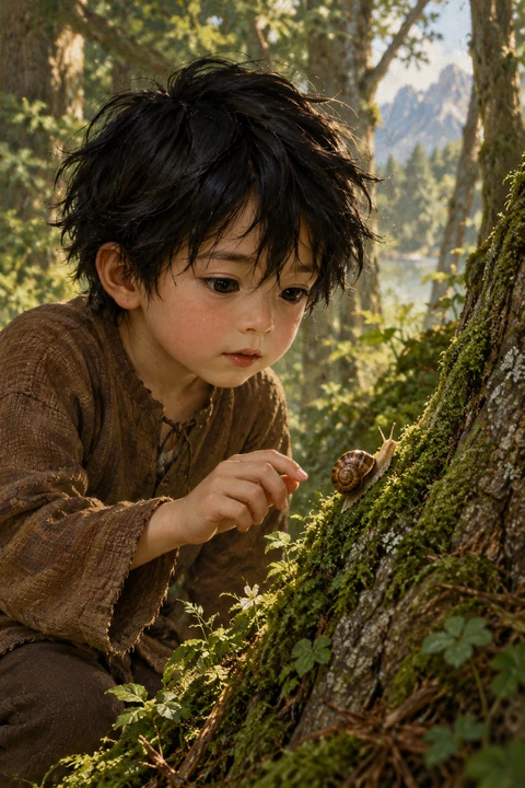 Myoshi, bambino di cinque anni, osserva una lumaca su un abete muschioso.