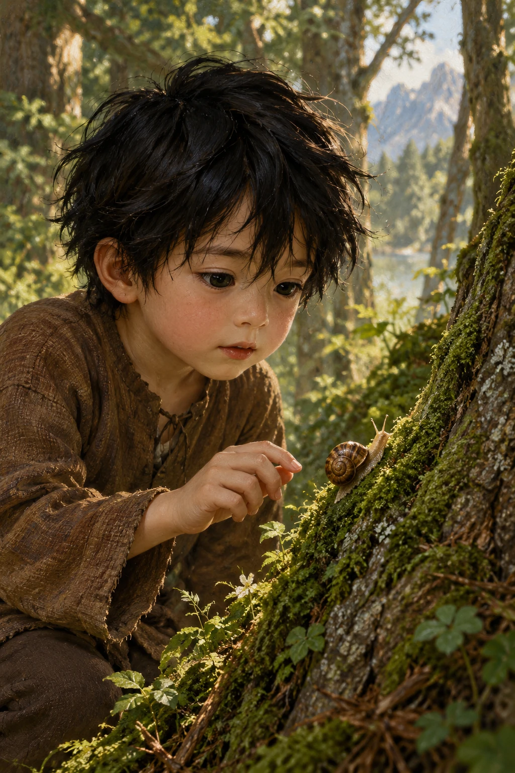 Myoshi, bambino di cinque anni, osserva una lumaca su un abete muschioso.