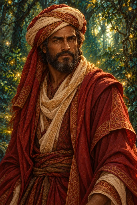 Nasrudin Koan, lo stregone rosso: uomo arabo dalla pelle scura, capelli e barba neri, turbante e vesti cremisi, con uno sguardo serio e autorevole