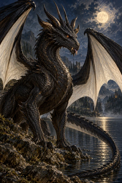 Nur-mid-nen, creatura draconica dalle sei corna, sulle acque di Zhanarl.