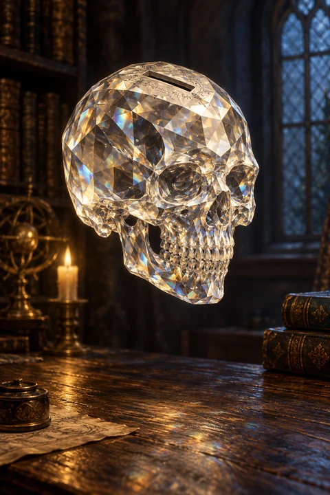 Interpretazione contemporanea di Piff nella forma più tarda documentata: un teschio di diamante sospeso nell’aria, con una fessura per una moneta sulla sommità.