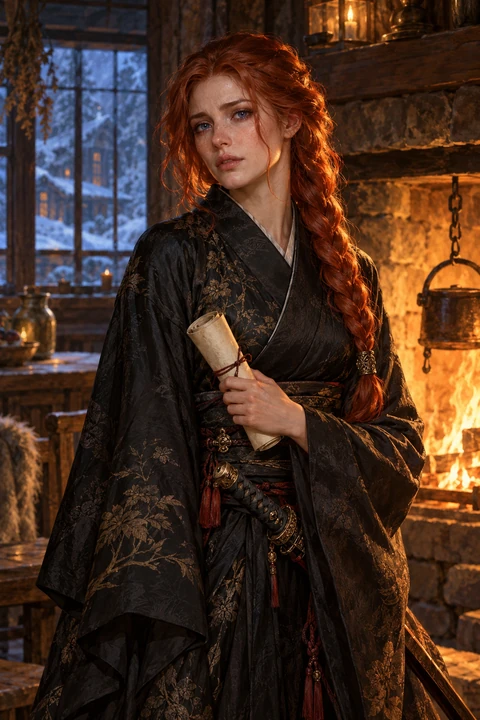 Taira, treccia rossa e kimono nero, custodisce una pergamena accanto al fuoco.