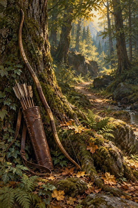 Illustrazione simbolica per Wisdul: un arco e una faretra ai piedi di un albero, lungo un sentiero nel bosco. Non raffigura il suo aspetto fisico.