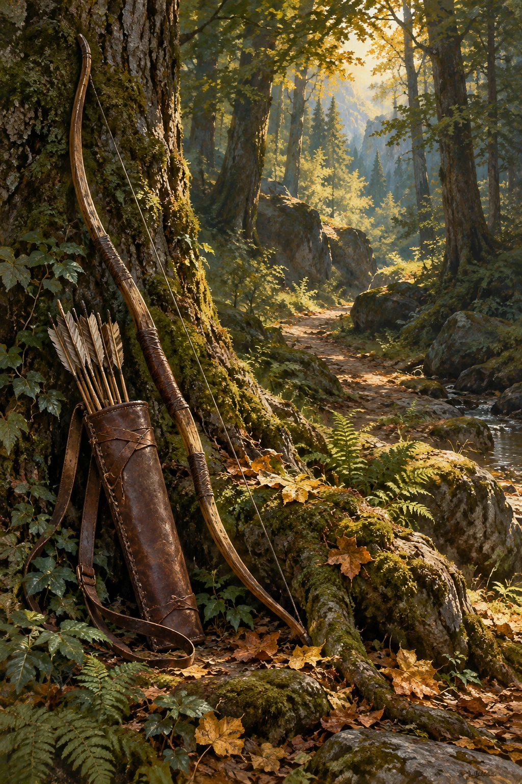 Illustrazione simbolica per Wisdul: un arco e una faretra ai piedi di un albero, lungo un sentiero nel bosco. Non raffigura il suo aspetto fisico.