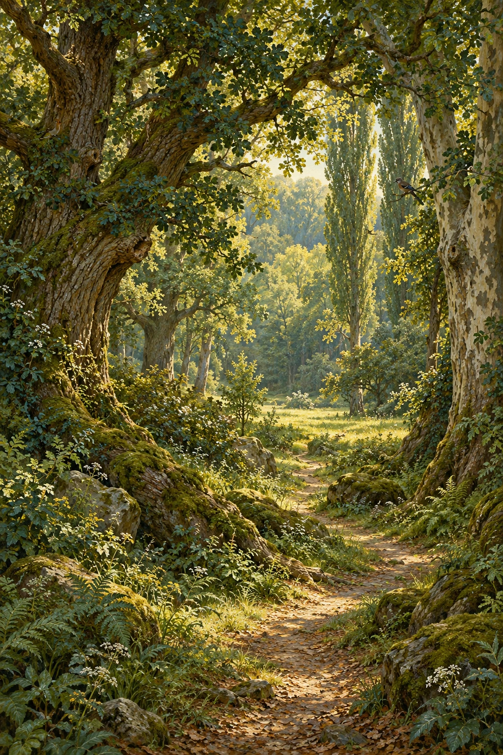 Un sentiero senza indicazioni tra gli alberi secolari di Bosco Sacro