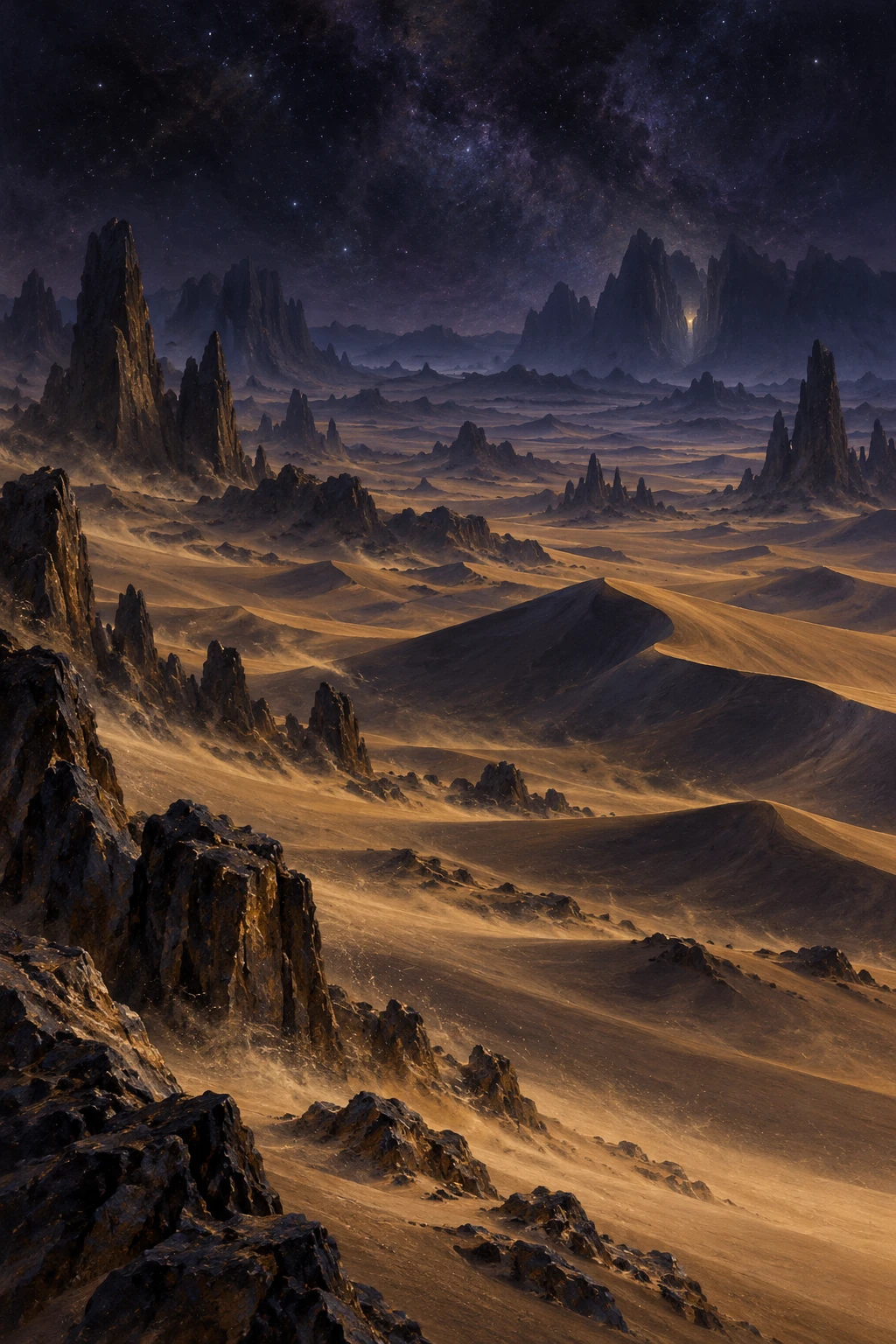 Dune e rocce del Deserto del Terrore sotto il cielo notturno