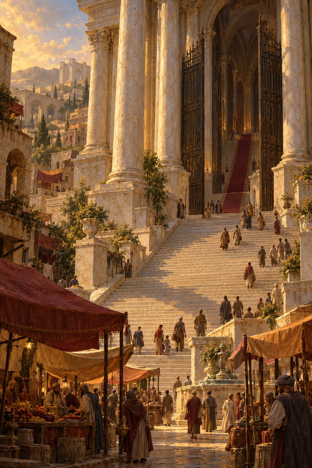 Il mercato e la scalinata di marmo del tempio di Nuova Thalos