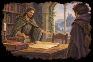 Il bibliotecario accoglie un avventuriero. Interpretazione artistica per il restauro.
