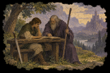 Un apprendista e un maestro studiano insieme. Interpretazione artistica per il restauro.